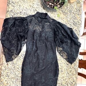 Chic Black Floral Lace Dress with Dramatic Sleeves